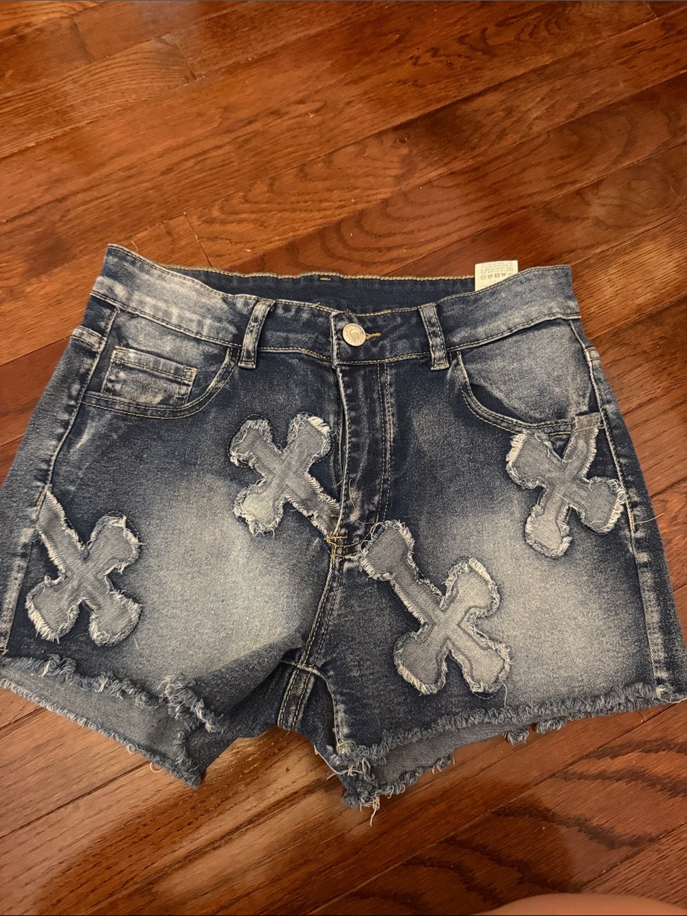 SHEIN Distressed Blue Denim Shorts with Cross Patch